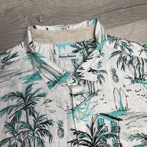 Tommy Bahama Mens XXL Tropical Palm Tree Surfboard Linen Blend Button Up Shirt